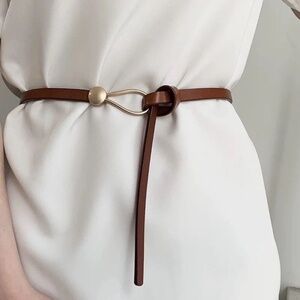 2/$30 Minimalist Brown Faux Leather Waist Belt Gold Loop Buckle Skinny for Dress